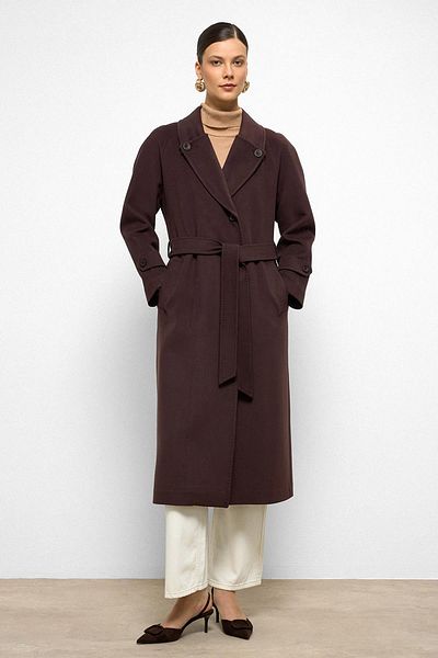 Olcay Punto Stitch Detailed Back Pleated Medium Length Cashmere Coat K. Brown 3113