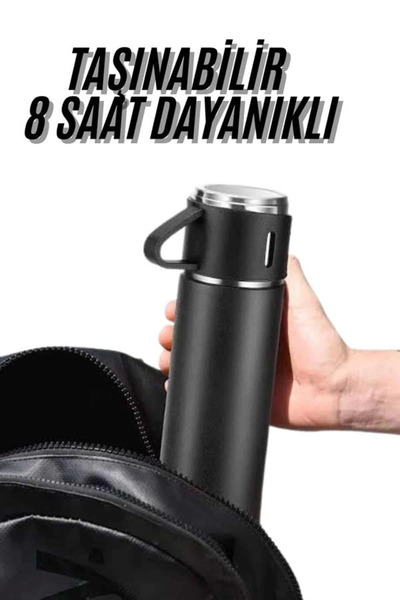 CPU ELEKTRONİK Thermos Set 3-Piece Glass Set Heat Resistant Black Stainless Steel Vacuum 500 ml