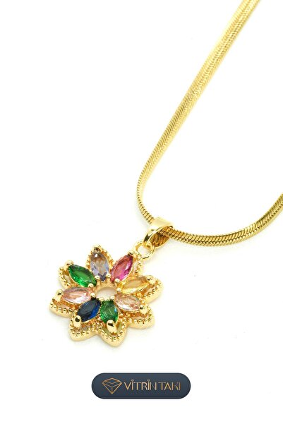 Çelik Çiçek Figürlü Renkli Taşlı Altın Renk Kolye