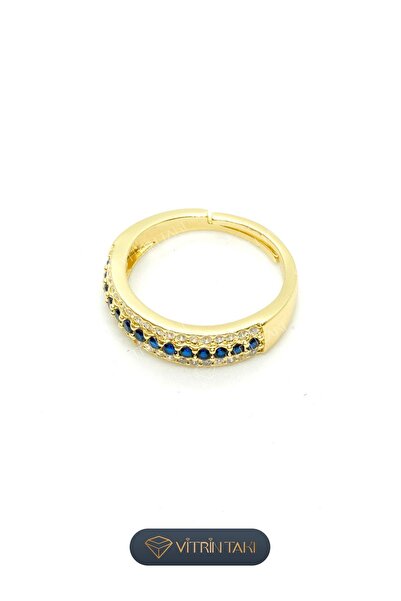 Çelik Lacivert Taş Detaylı Altın Renk Vip Ayarlanabilir Yüzük