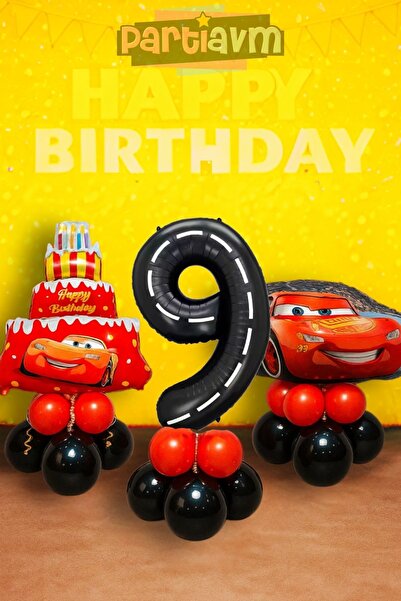 PARTİAVM 9 Years Old Cars Cars Lightning Mcqueen Race Car Concept Birthday Set Cake Balloon and Car Figure