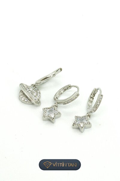 Çelik Gezegen ve Yıldız Detaylı Gümüş Renk 3'lü Küpe Set