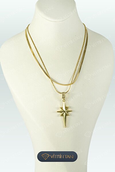 Çelik Kuzey Yıldızı Figürlü İkili Zincir Altın Renk Kolye