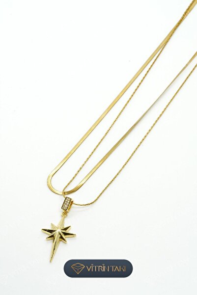 Çelik Kuzey Yıldızı Figürlü İkili Zincir Altın Renk Kolye