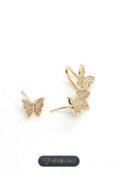 Çelik Kelebek Figürlü Altın Renk Vip Sıkıştırmalı Kıkırdak Küpe