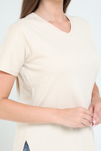 Tight Lady 100% Cotton Women's Light Beige V-Neck Side Slit Asymmetrical Combed Cotton Knitted T-Shirt T-Shirt Tunic