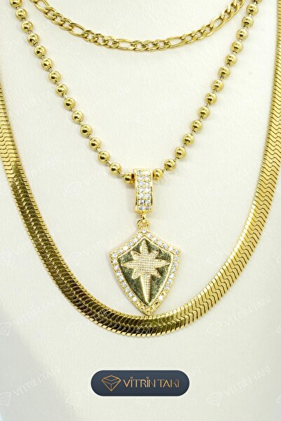 Çelik Yıldız Detaylı Altın Renk 3’lü Kolye Set