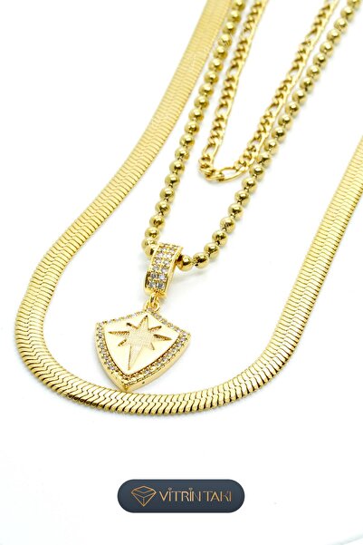 Çelik Yıldız Detaylı Altın Renk 3’lü Kolye Set