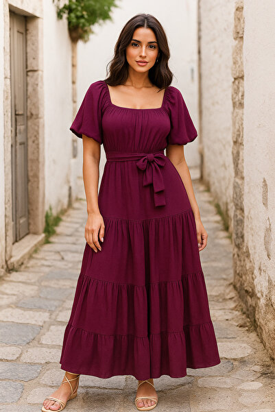 Ceylen Square Neck Belted Layered Midi Dress