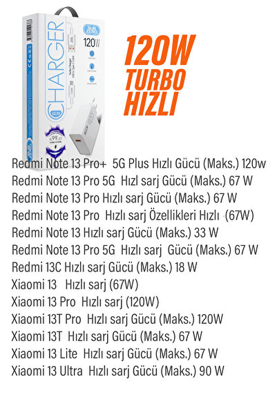 EXENAR Xiaomi Redmi Note 13 - Note 13 Pro 5G Turbo Hızlı Şarj Aleti 67W - 120W