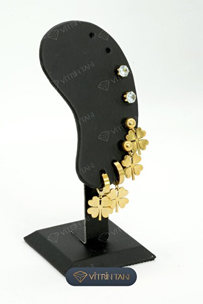 Çelik Yonca Figürlü Altın Renk 6'lı Küpe Set