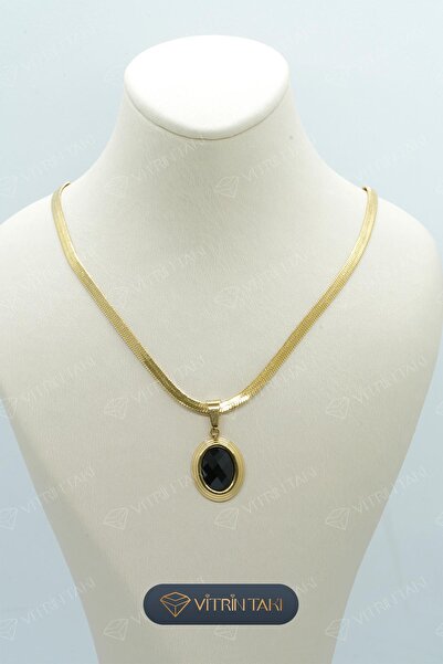Çelik Siyah Taşlı İtalyan Zincir Altın Renk Kolye