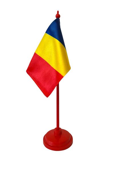 SDX Market Romania tricolor flag, Double Silk side, 10 cm x 15 cm, Red plastic desk stand, height 30 cm