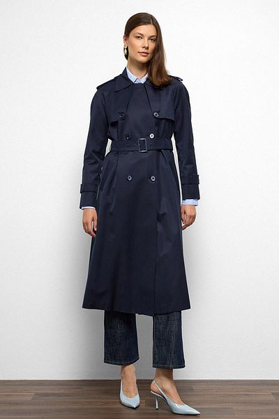Olcay Reglan Sleeve Water Repellent Trench Coat with Epaulet and Cape Detail Navy Blue 6766