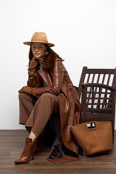 Olcay Double Breasted Leather Look Long Trench Coat with Detachable Fur Collar Taba 6676