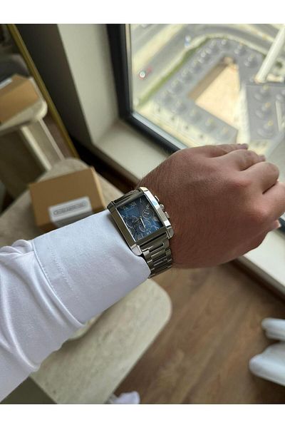 RoseandRoses Drest Quadrangle Case Men's Wrist Watch Silver (Navy Blue Dial)