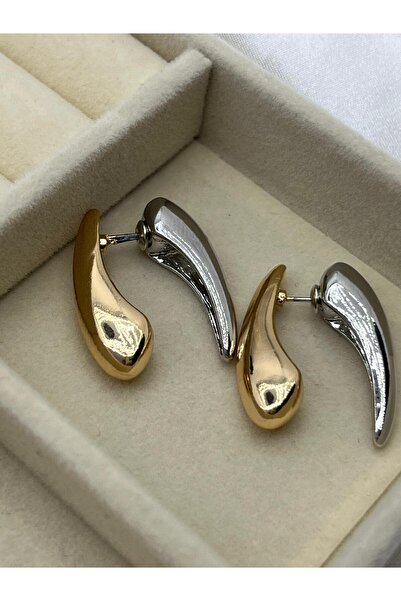 Yıldız Accessory Büyük Damla Altın ve Gümüş Renk Çelik Küpe