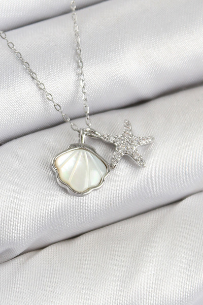 Nehir Brass Zircon Stone Oyster and Starfish Model Silver Color Women's Necklace Valentine's Mother's Teach