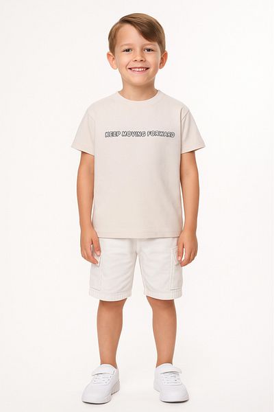 Victor and Jane Junior Boys Beige ‘KEEP MOVING FORWARD’ Cotton T-shirt