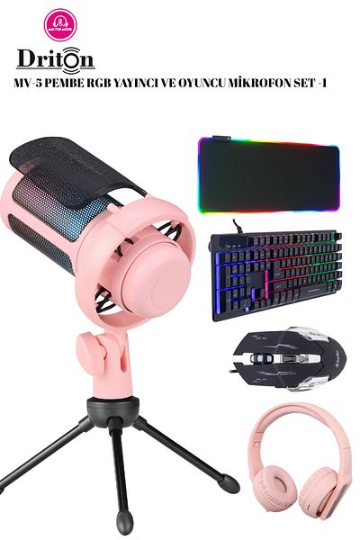DRİTON مجموعة لوحة مفاتيح سماعة رأس وماوس كمبيوتر MV-5 PINK PUBLISHER وPLAYER