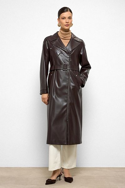 Olcay Low Sleeve Zipper Closure Oversize Leather Trench Coat K. Brown 6759
