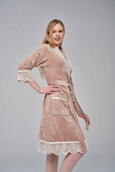 Nuşa Bej Elegant Elegant Dantela Niki Catifea Bambus Bumbac Robă