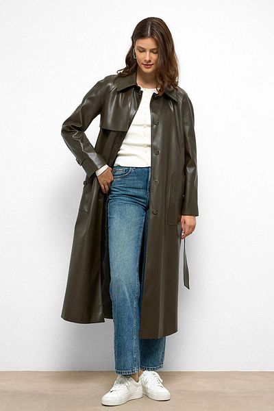 Olcay Shirt Collar Raglan Sleeve Cape and Bag Pocket Detailed Leather Trench Coat Khaki 6760