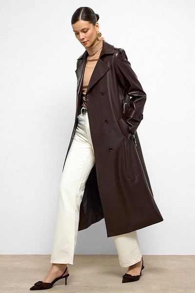 Olcay Epaulet Detailed Double Breasted Leather Trench Coat K. Brown 6756