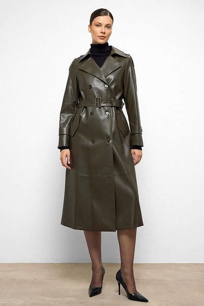 Olcay Epaulet Detailed Double Breasted Leather Trench Coat Khaki 6756