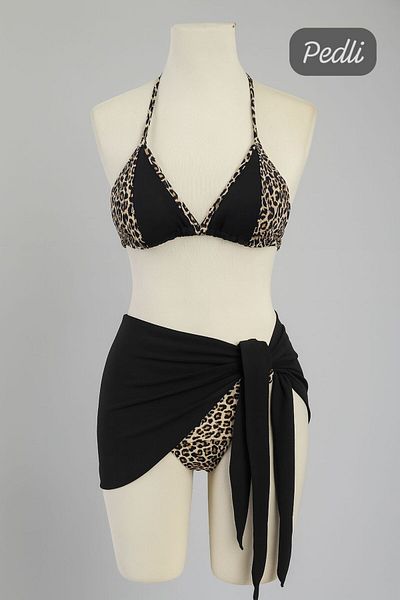 Stail Moda Women's Leopard 3-Piece Triangle Bikini Beach Swimsuit with Side and Neck Tie Tanga Nightdress Sea Suit