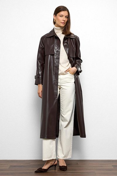 Olcay Raglan Sleeve Cape and Punto Stitch Detail Leather Trench Coat K. Coffee 6754