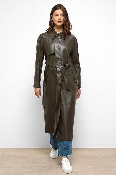 Olcay Shirt Collar Raglan Sleeve Cape and Bag Pocket Detailed Leather Trench Coat Khaki 6760