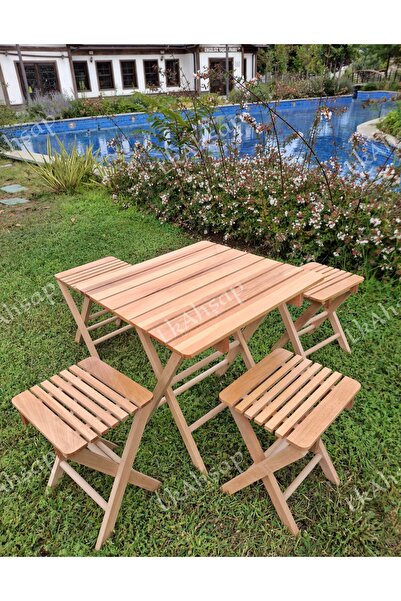 LkAhşap Katlanır Kamp Piknik Ahşap 4 Tabureli Masa Seti Gürgen(Kayın) Ağacı 55*56 H56 Masa