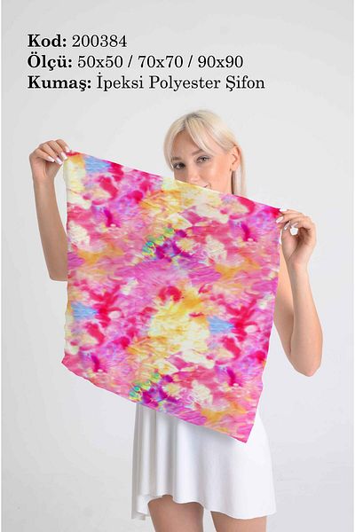 DESENİX Batik Flower Brush Patterned Scarf |   Candy Pink Backdrop |   50X50-70X70-90X90Cm |   Silky Polyester Chiffon