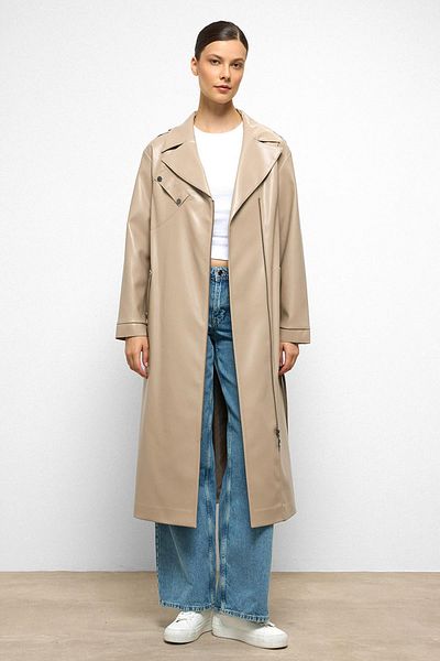 Olcay Low Sleeve Zipper Closure Oversize Leather Trench Coat Stone 6759