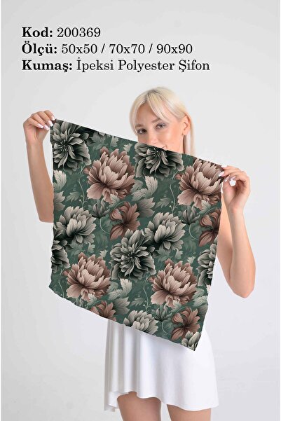 DESENİX وشاح منقوش بالورد |   بودرة ودرجات بيج على اللون الأخضر |   50x50 -70x70- 90x90 سم |   قماش شيفون حريري