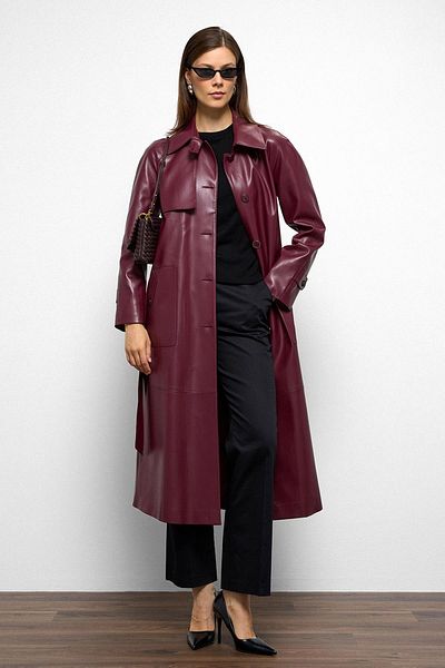 Olcay Shirt Collar Raglan Sleeve Cape and Bag Pocket Detail Leather Trench Coat Bordo 6760