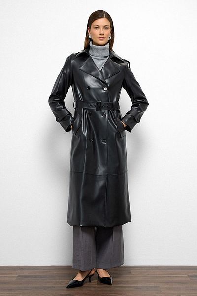 Olcay Epaulet Detailed Double Breasted Leather Trench Coat Black 6756