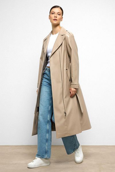Olcay Low Sleeve Zipper Closure Oversize Leather Trench Coat Stone 6759