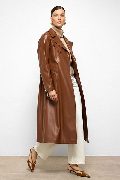 Olcay Low Sleeve Zipper Closure Oversize Leather Trench Coat Taba 6759