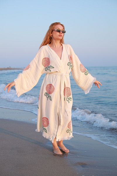 Befera Design Muslin Kimono 100% Cotton Floral Printed Patterned Bathrobe Kaftan Dressing Gown