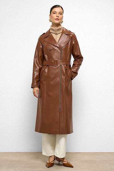 Olcay Low Sleeve Zipper Closure Oversize Leather Trench Coat Taba 6759