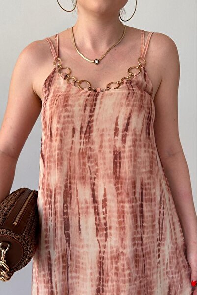 MaziButik Chain Collar Tie Dye Dress Brown