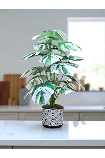 Concrete Flower Pattern (White Monstera) Artificial Plant 18 Branches 65 Cm