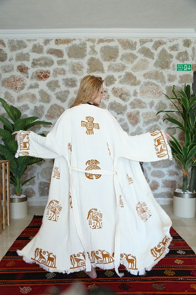 Befera Design Muslin Kimono 100% Cotton Bohemian Symbol Printed Patterned Bathrobe Kaftan Dressing Gown