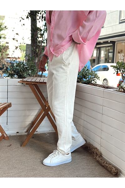 manch collection Italian Cut Waist Drawstring Linen Trousers White