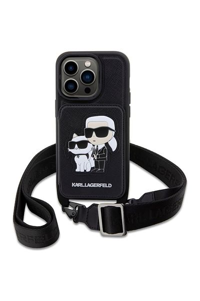 Karl Lagerfeld Saffiano Crossbody Karl and Choupette NFT Case for iPhone 14 Pro, Black