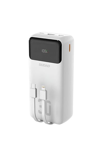 DUDAO Power Bank 30000mAh 22.5W Fast Charging, Built-in USB-C Lightning Cables, 5 Outputs, White