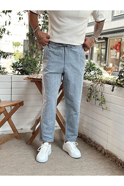 manch collection İtalyan Kesim Beli İpli Keten Pantolon İndigo