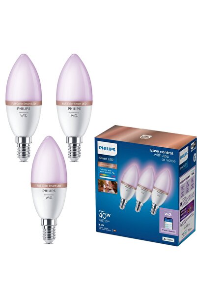 Philips Smart Pachet de 3 becuri LED inteligente Philips RGB C37, Wi-Fi/Bluetooth, E14, 4,9 W (40 W), lumină albă și colorată